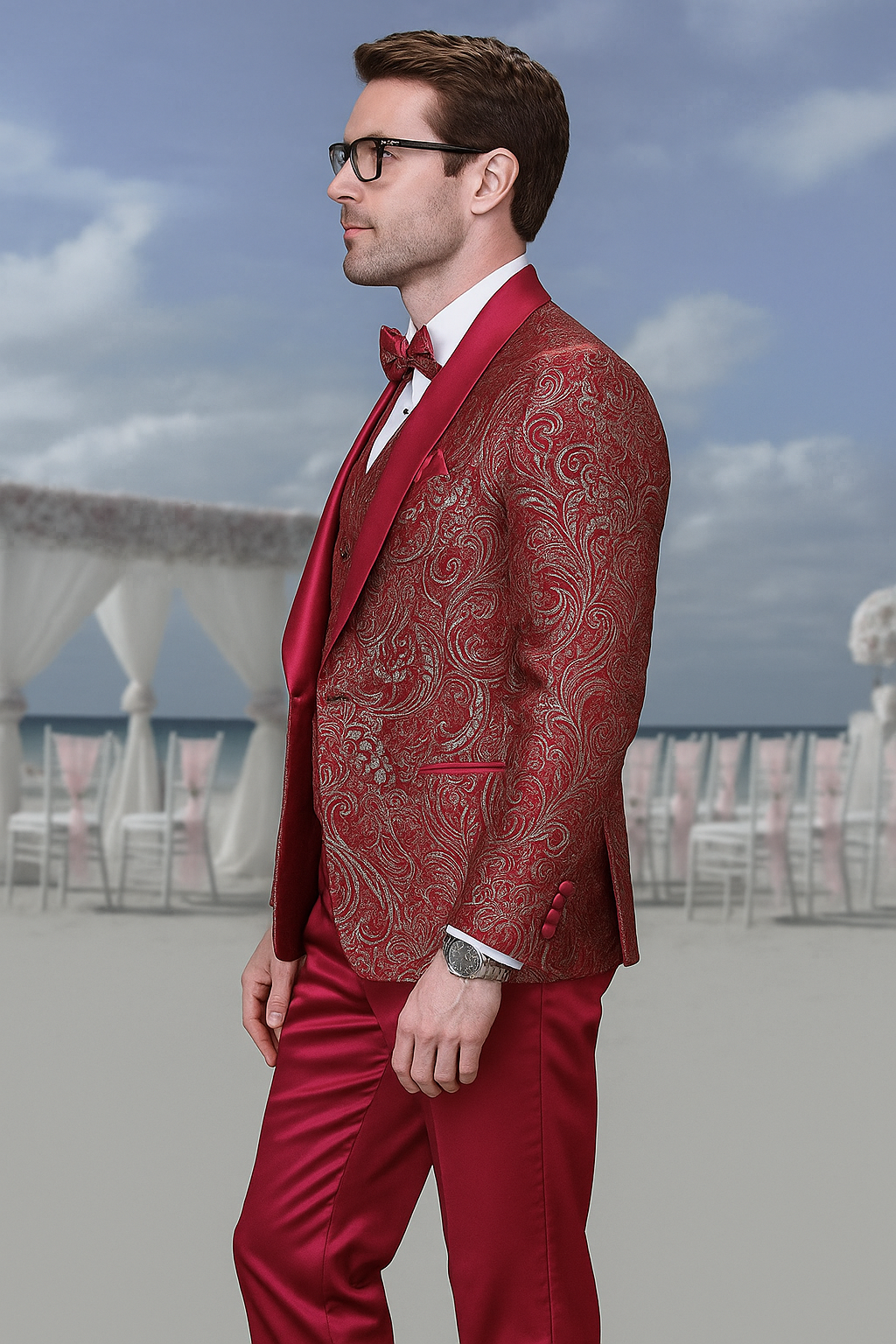 Men’s Red Paisley Brocade Prom Tuxedo with Vested Double Breasted Suit – Wedding Ready - 38 Short