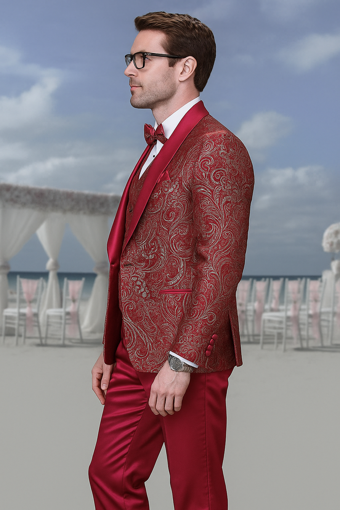 Mens Red Paisley Brocade Prom Tuxedo with Vested Double Breasted Suit - Wedding Ready