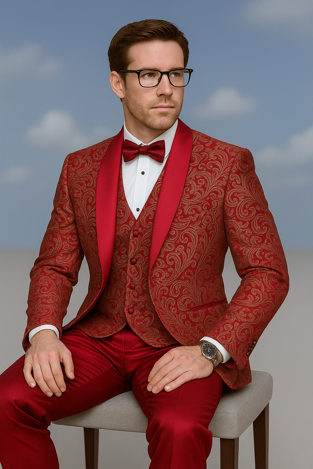 Men’s Red Paisley Brocade Prom Tuxedo with Vested Double Breasted Suit – Wedding Ready - 38 Short