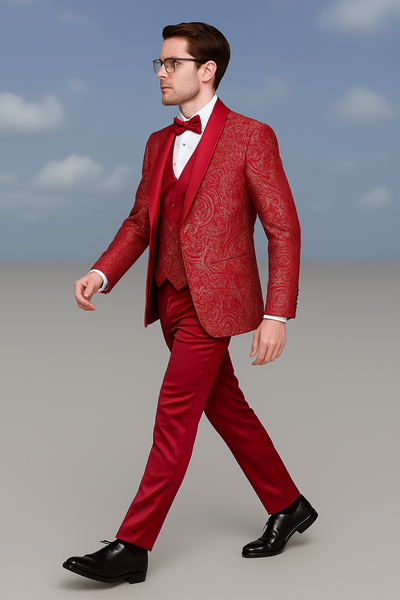 Mens Red Paisley Brocade Prom Tuxedo with Vested Double Breasted Suit - Wedding Ready