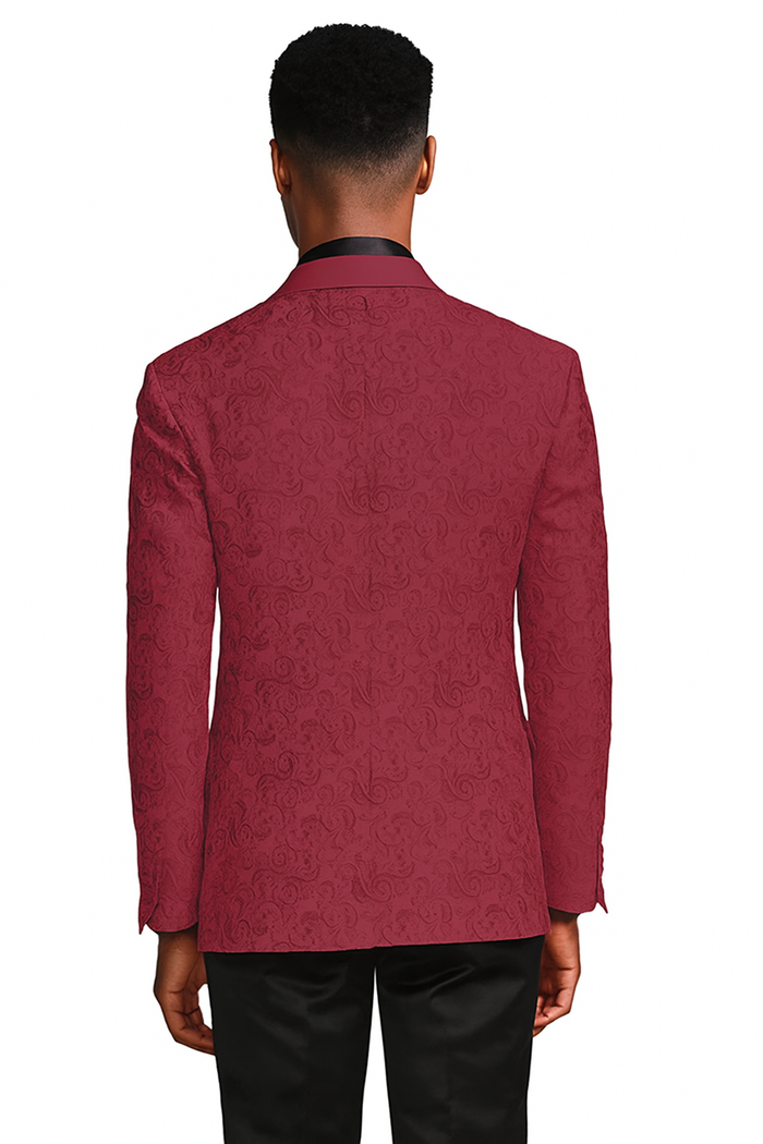 Burgundy paisley slim fit tuxedo jacket â€“ men's wedding & prom blazer with satin shawl lapel