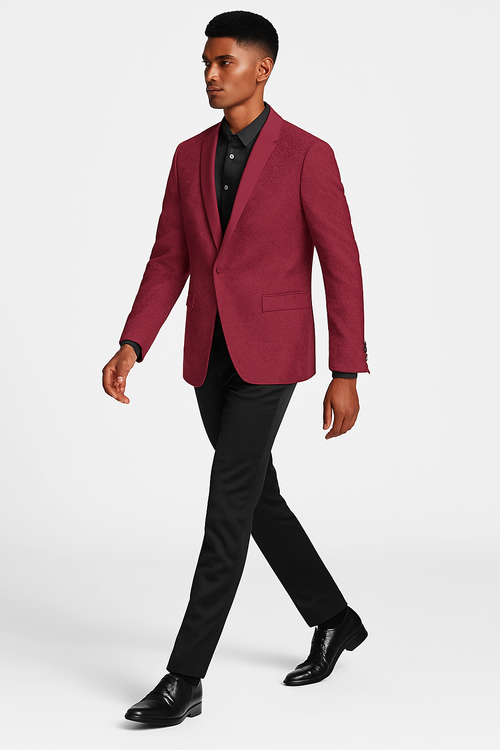Burgundy paisley slim fit tuxedo jacket â€“ men's wedding & prom blazer with satin shawl lapel