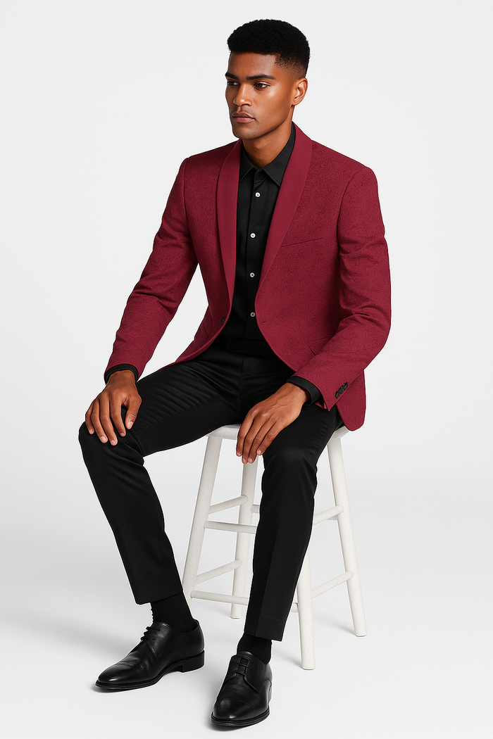 Burgundy paisley slim fit tuxedo jacket â€“ men's wedding & prom blazer with satin shawl lapel