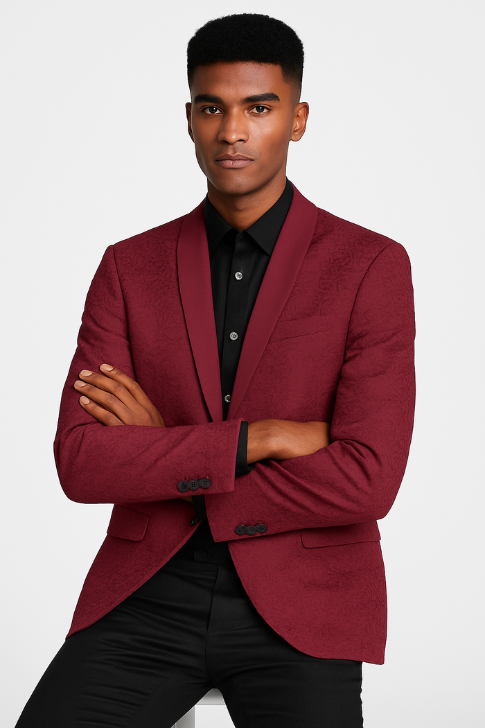 Burgundy paisley slim fit tuxedo jacket â€“ men's wedding & prom blazer with satin shawl lapel