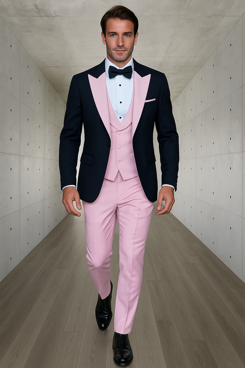Mens Black and Pink Wool Tuxedo - Designer Vested Tuxedo with Contrast Satin Peak Lapel for Wedding and Prom