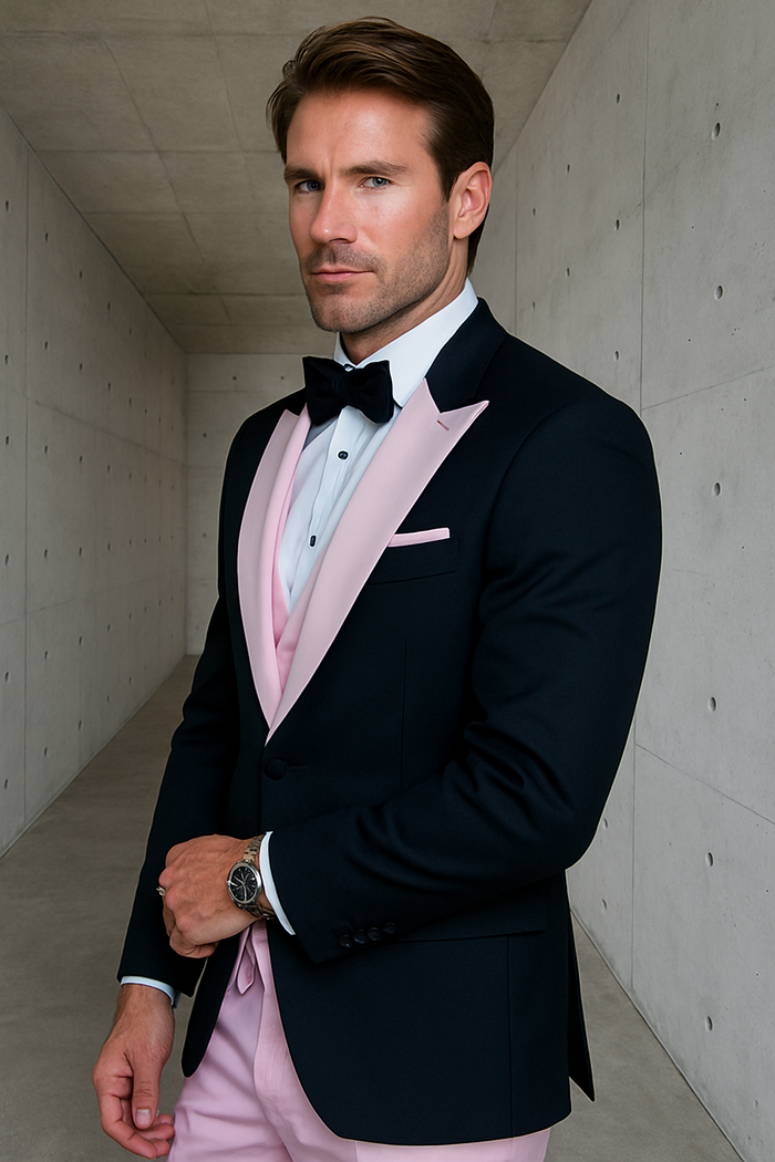 Mens Black and Pink Wool Tuxedo - Designer Vested Tuxedo with Contrast Satin Peak Lapel for Wedding and Prom