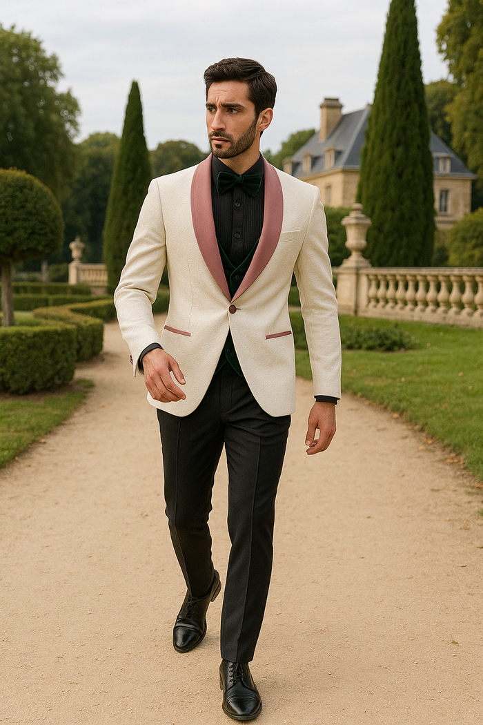 WHITE AND PINK TUXEDO - PROM SUIT (JACKET + PANTS + VEST + BOWTIE PACKAGE