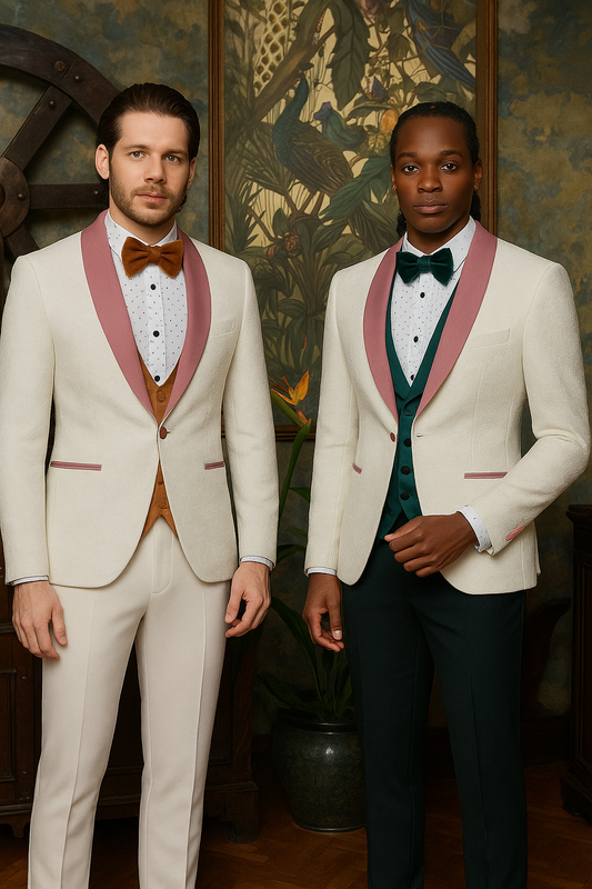 WHITE AND PINK TUXEDO - PROM SUIT (JACKET + PANTS + VEST + BOWTIE PACKAGE