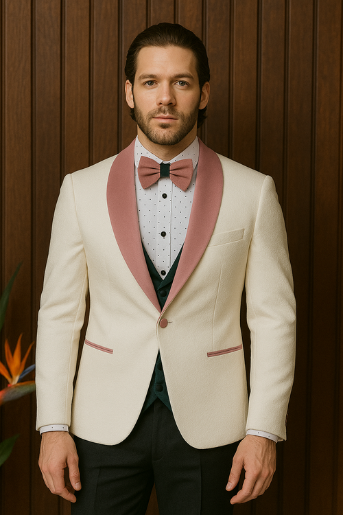 WHITE AND PINK TUXEDO - PROM SUIT (JACKET + PANTS + VEST + BOWTIE PACKAGE