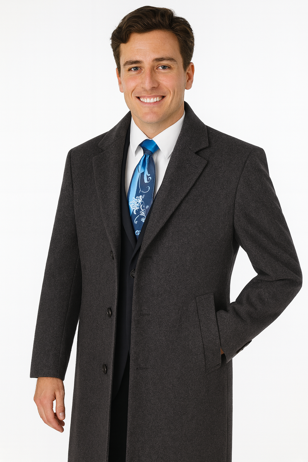Men's Charcoal Grey Wool & Cashmere Overcoat – Classic Full Length - Small