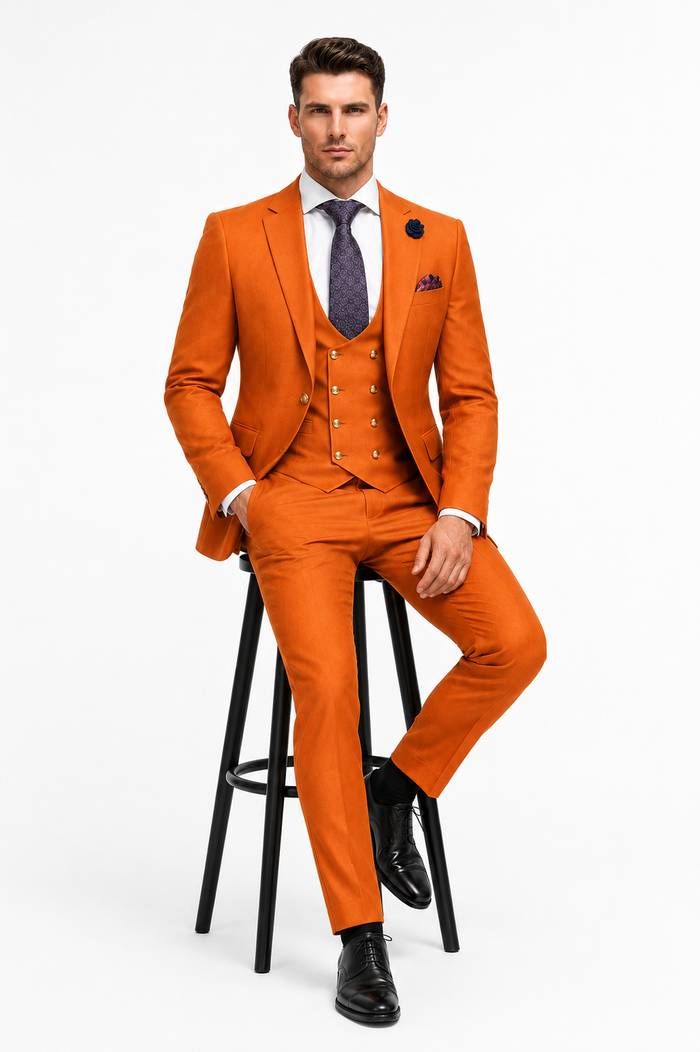 Rossiman Men's Rust Slim Fit Suit 3-Piece Set with Double-Breasted Vest & Flat Front Pants - New Arrival