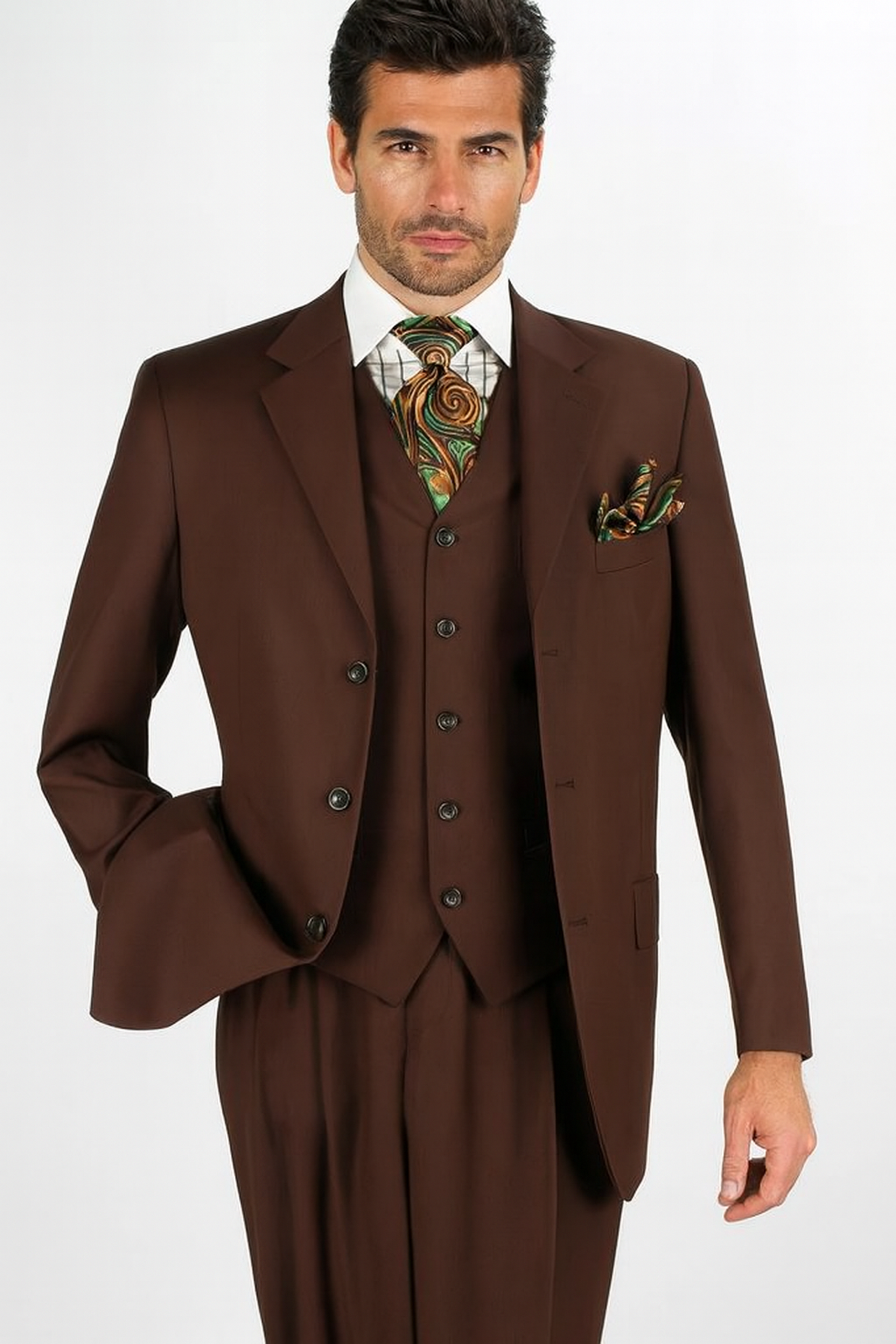 Mens Classic Fit 3 Button Vested Single Pleated Pant Suit in Chocolate Brown-New Designer Collection - 34 Regular