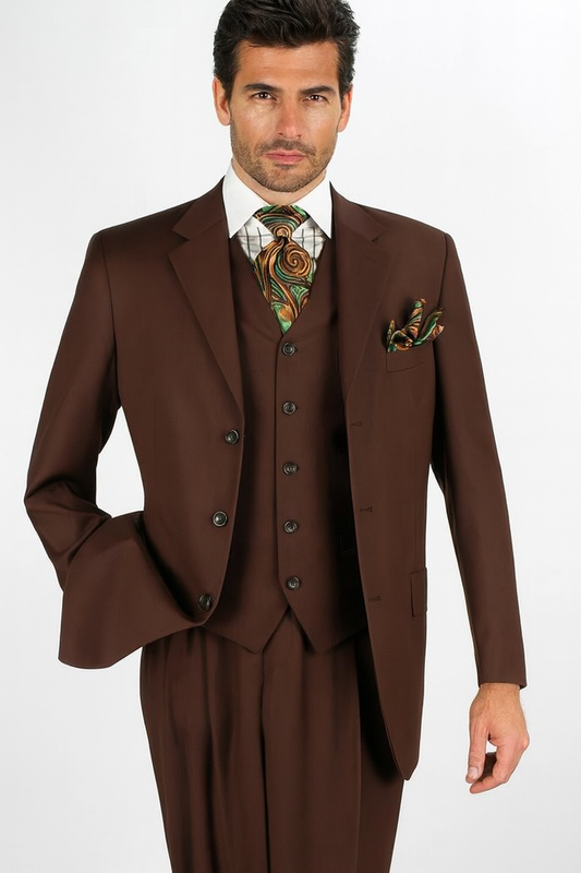 Mens Classic Fit 3 Button Vested Single Pleated Pant Suit in Chocolate Brown-New Designer Collection