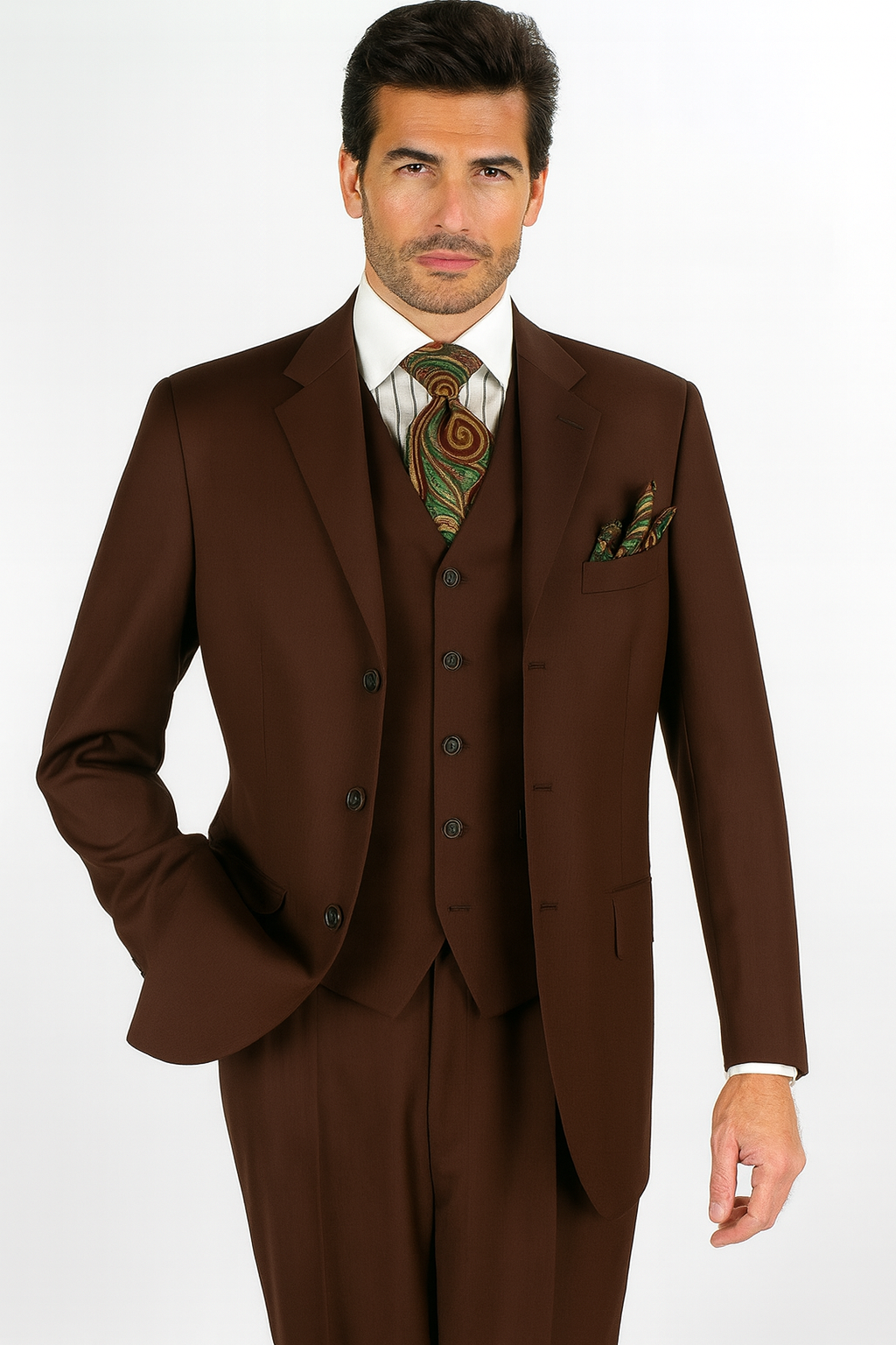 Mens Classic Fit 3 Button Vested Single Pleated Pant Suit in Chocolate Brown-New Designer Collection - 34 Regular