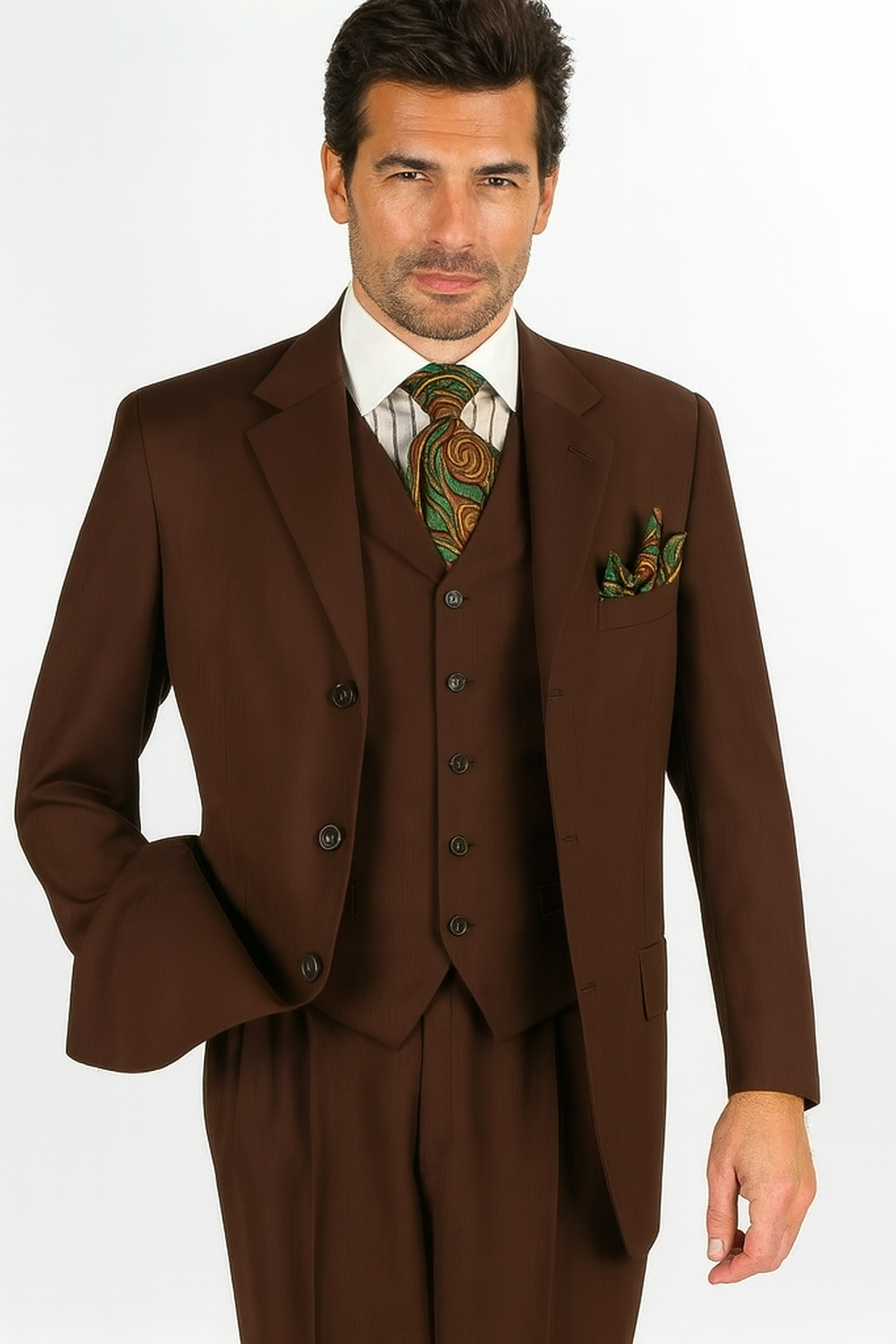 Mens Classic Fit 3 Button Vested Single Pleated Pant Suit in Chocolate Brown-New Designer Collection - 34 Regular