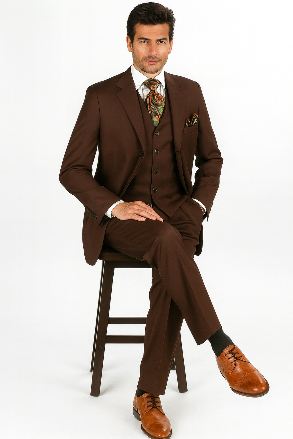 Mens Classic Fit 3 Button Vested Single Pleated Pant Suit in Chocolate Brown-New Designer Collection - 34 Regular