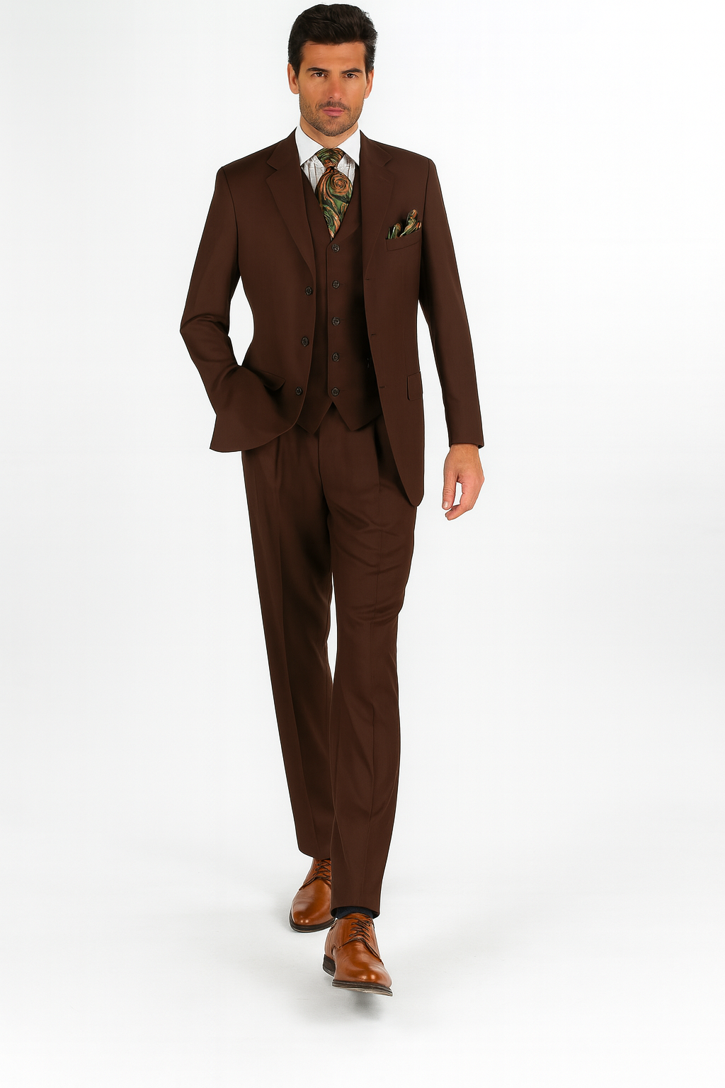 Mens Classic Fit 3 Button Vested Single Pleated Pant Suit in Chocolate Brown-New Designer Collection - 34 Regular