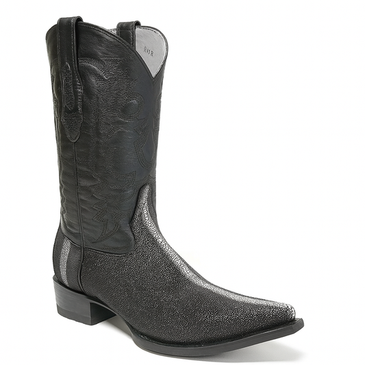 Los Altos Men's Black Stingray with Full Rowstone Finish Snip Toe Boots-New Designer Collection