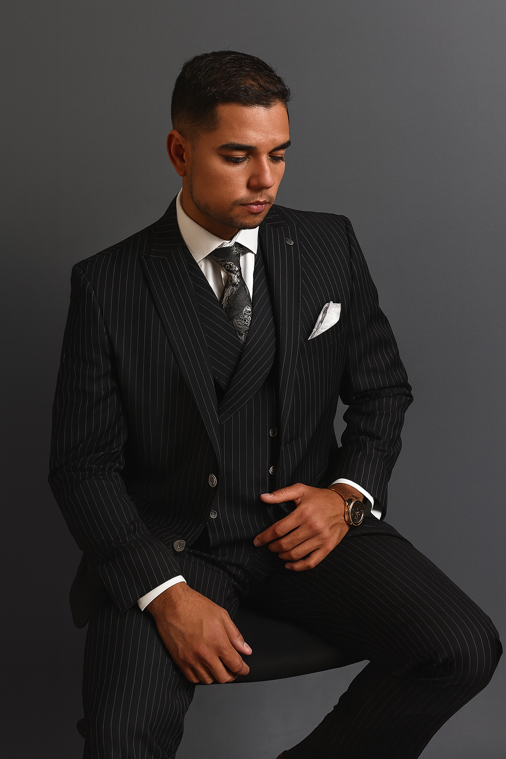 Statement Suits Black Grey - 38 Short Jacket+32 Waist Adjustable 28to34)(Height: 5’4”to5’7”)(Neck 15-16.5)S-M)