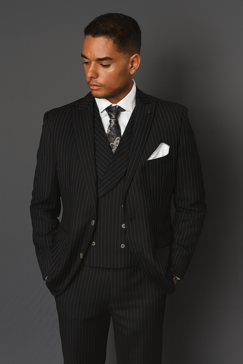 Statement Suits Black Grey - 38 Short Jacket+32 Waist Adjustable 28to34)(Height: 5’4”to5’7”)(Neck 15-16.5)S-M)