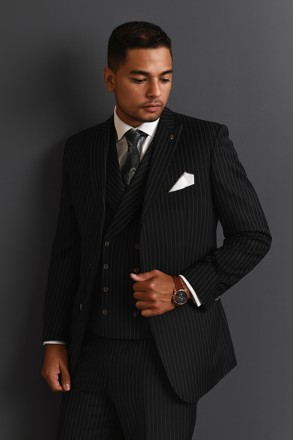 Statement Suits Black Grey - 38 Short Jacket+32 Waist Adjustable 28to34)(Height: 5’4”to5’7”)(Neck 15-16.5)S-M)