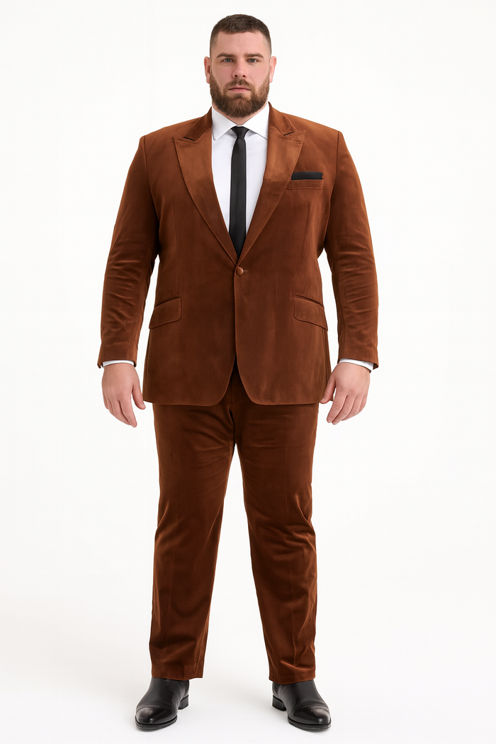 Mens Brown Velvet 2-Piece Suit Luxury Slim Fit Formal Blazer and Pants Set in Rust Copper Color