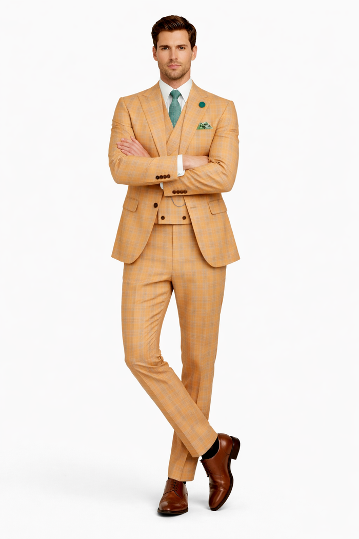 Orange Plaid Suit - Vested Suit - 3 Piece Suits - Peak Lapel Suits - Windowpane Suit - 2 Button-New Designer Collection