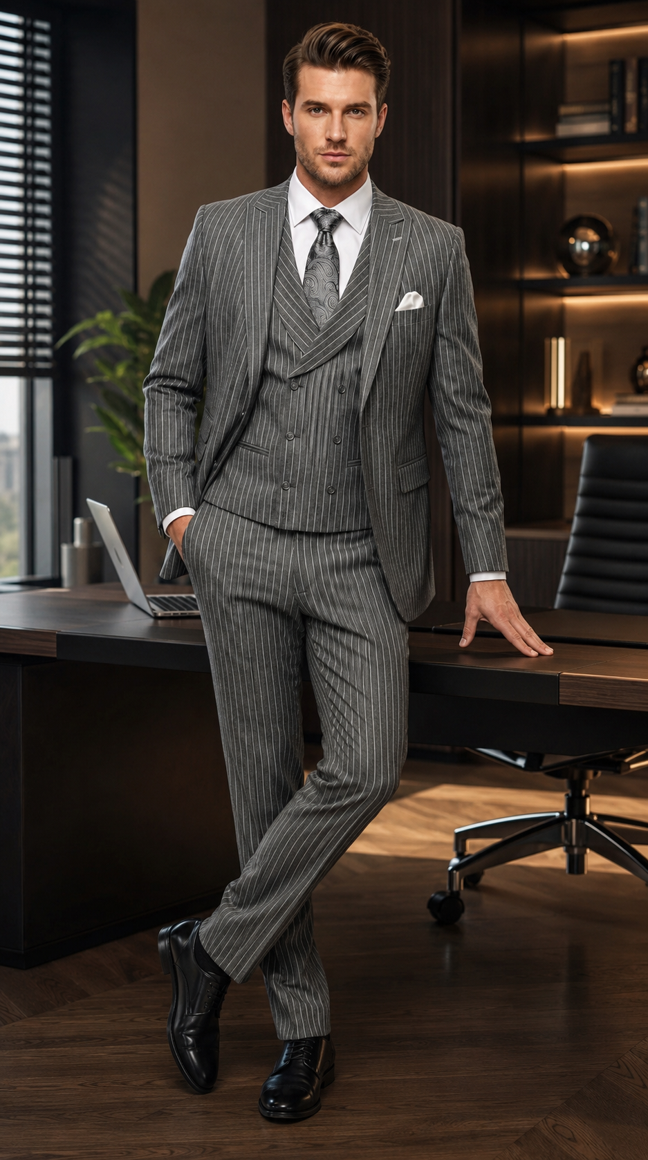 Men’s Grey Pinstripe Gangster Suit – 3 Piece 2 Button Suit with Double Breasted Vest, Vintage Formal Outfit