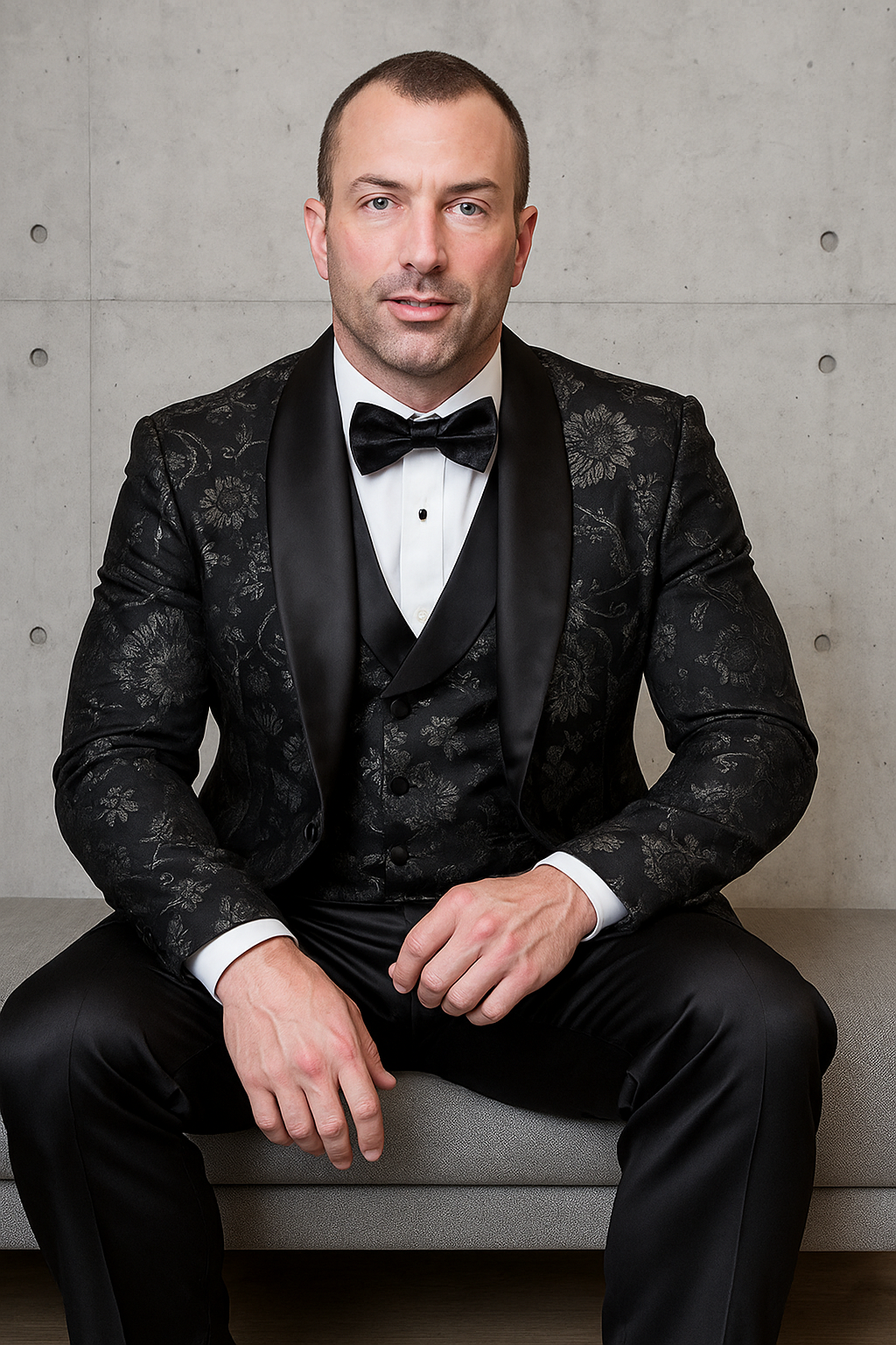 Men's black paisley lace print vested tuxedo for prom & wedding with satin lapel and bowtie - 36 Short