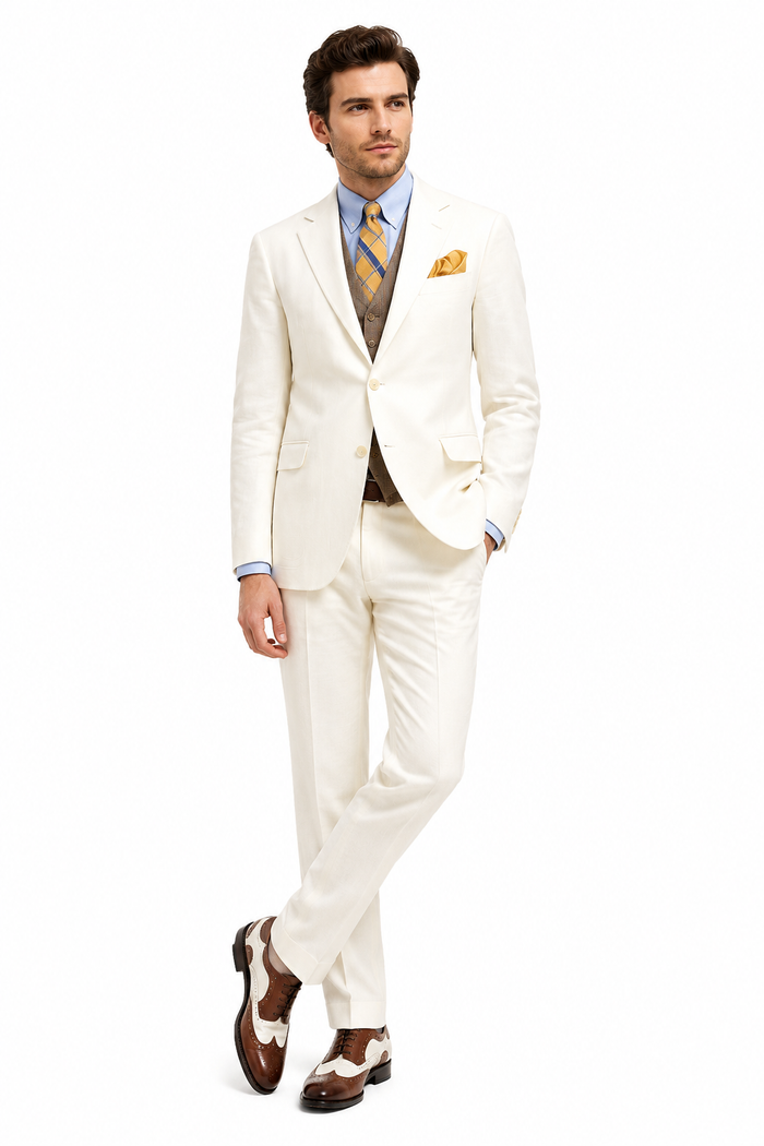 Men’s Ivory Great Gatsby Vested Suit with Brown Vest, 2 Button Off White Peak Lapel Wedding Suit