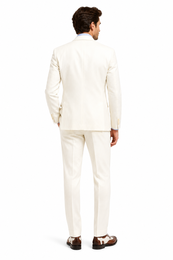 Men’s Ivory Great Gatsby Vested Suit with Brown Vest, 2 Button Off White Peak Lapel Wedding Suit