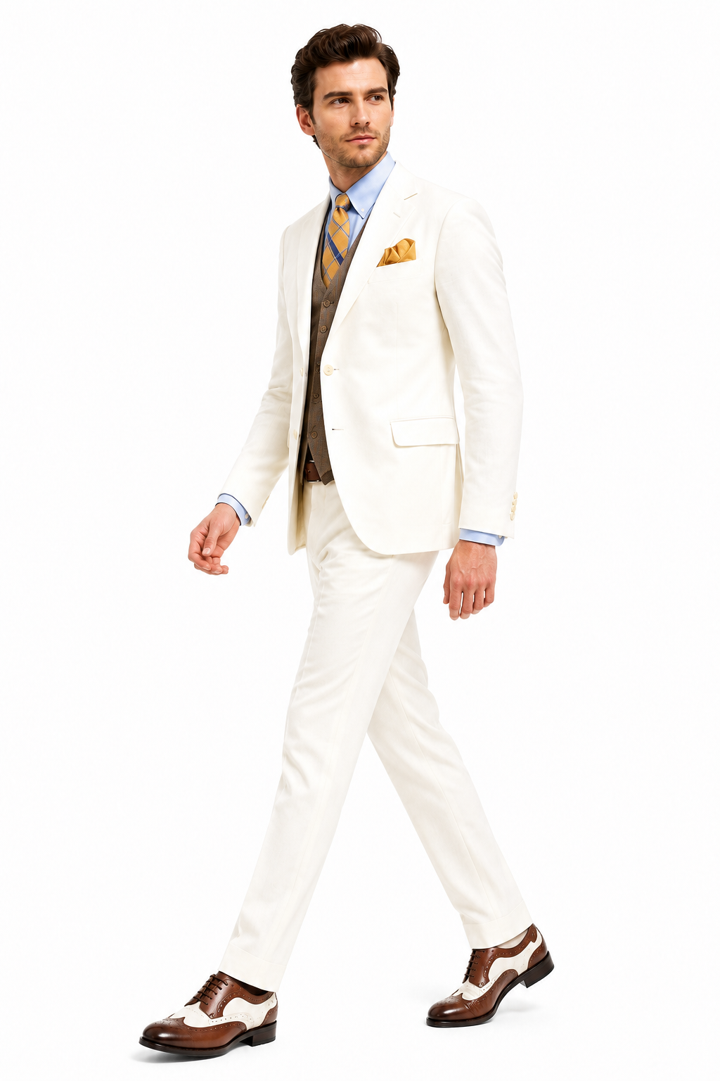 Men’s Ivory Great Gatsby Vested Suit with Brown Vest, 2 Button Off White Peak Lapel Wedding Suit