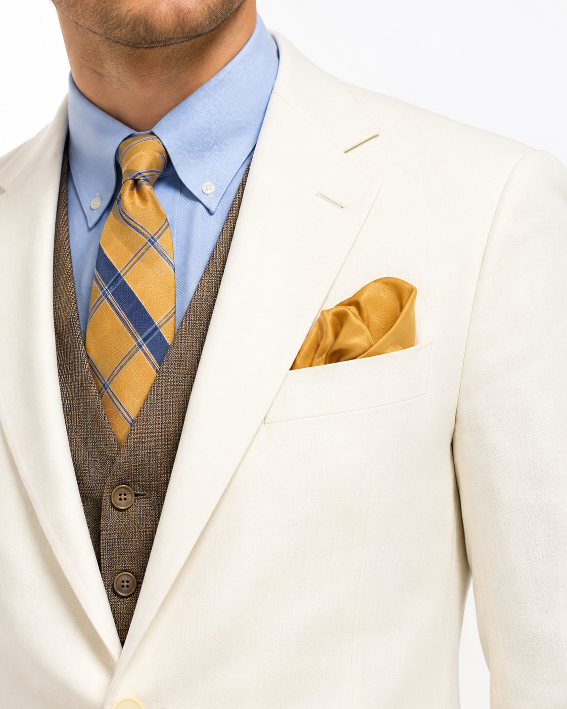 Men’s Ivory Great Gatsby Vested Suit with Brown Vest, 2 Button Off White Peak Lapel Wedding Suit