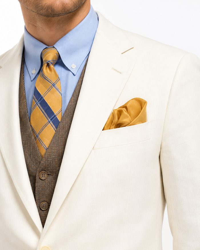 Men’s Ivory Great Gatsby Vested Suit with Brown Vest, 2 Button Off White Peak Lapel Wedding Suit