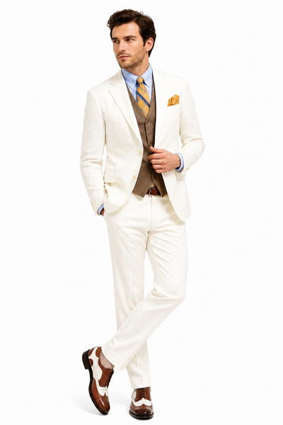 Men’s Ivory Great Gatsby Vested Suit with Brown Vest, 2 Button Off White Peak Lapel Wedding Suit