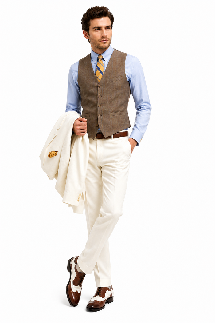 Men’s Ivory Great Gatsby Vested Suit with Brown Vest, 2 Button Off White Peak Lapel Wedding Suit