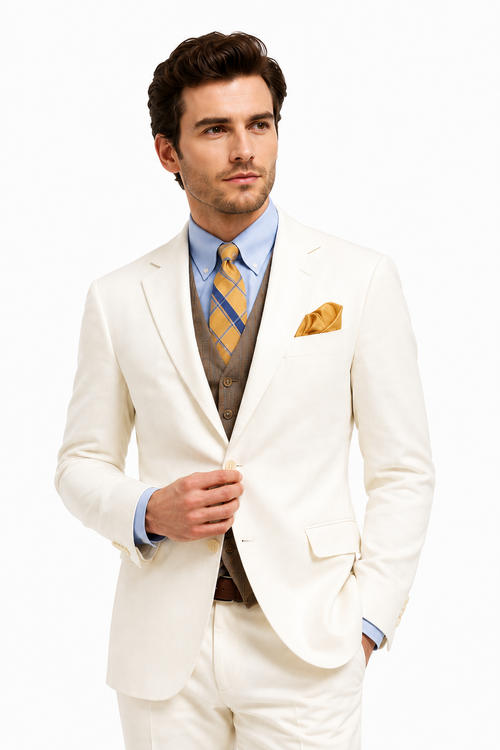Men’s Ivory Great Gatsby Vested Suit with Brown Vest, 2 Button Off White Peak Lapel Wedding Suit