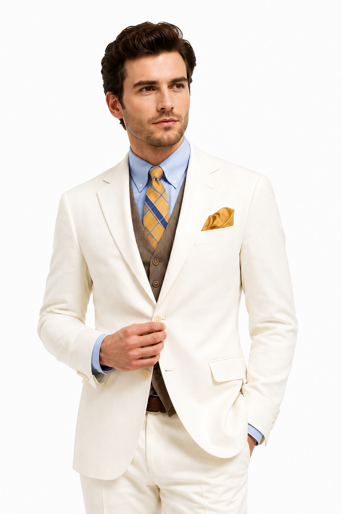 Men’s Ivory Great Gatsby Vested Suit with Brown Vest, 2 Button Off White Peak Lapel Wedding Suit
