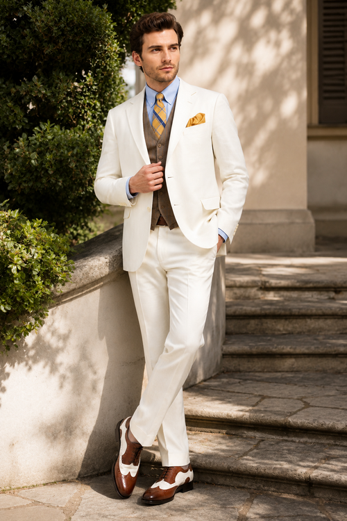 Men’s Ivory Great Gatsby Vested Suit with Brown Vest, 2 Button Off White Peak Lapel Wedding Suit