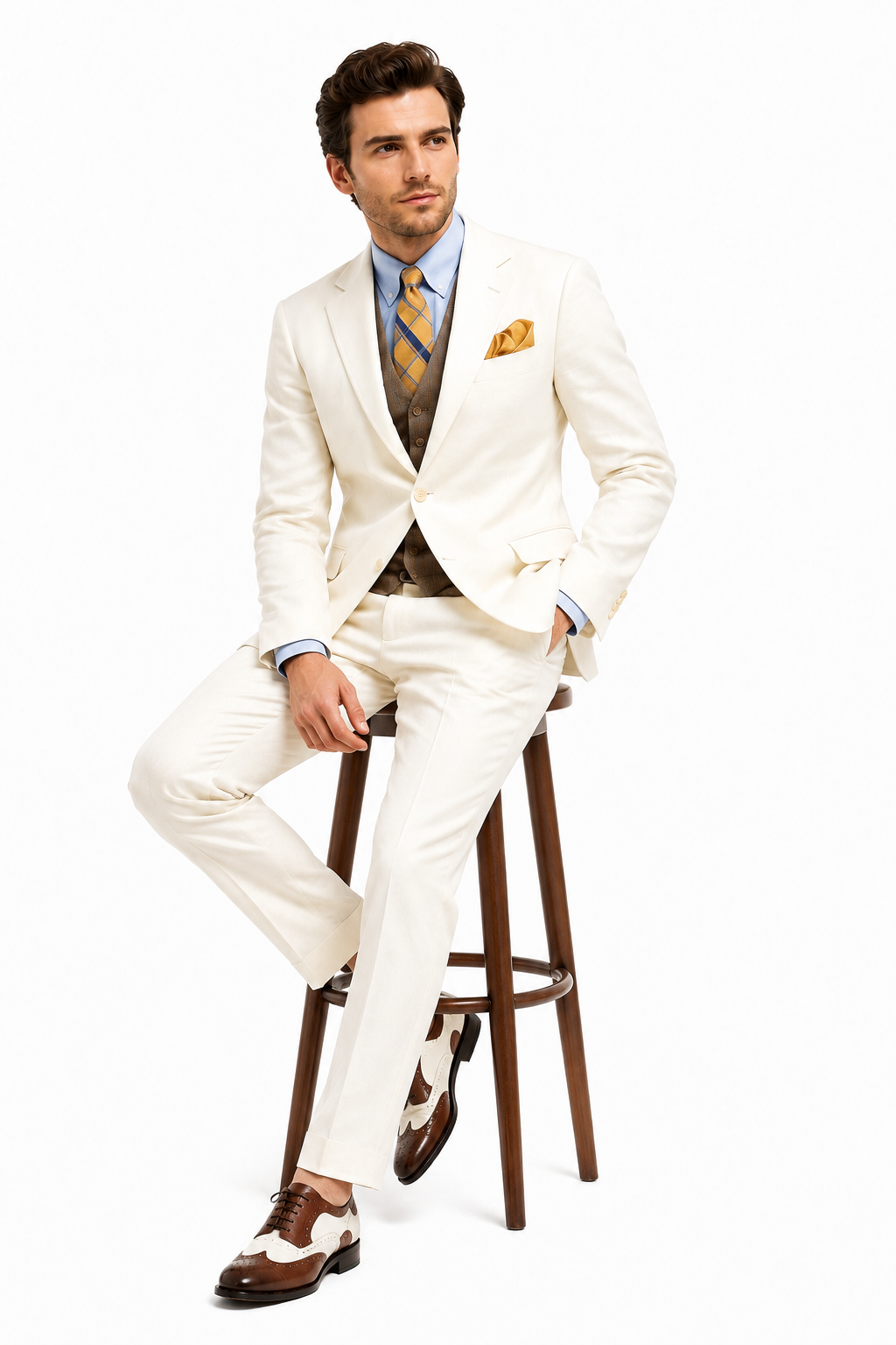 Men’s Ivory Great Gatsby Vested Suit with Brown Vest, 2 Button Off White Peak Lapel Wedding Suit