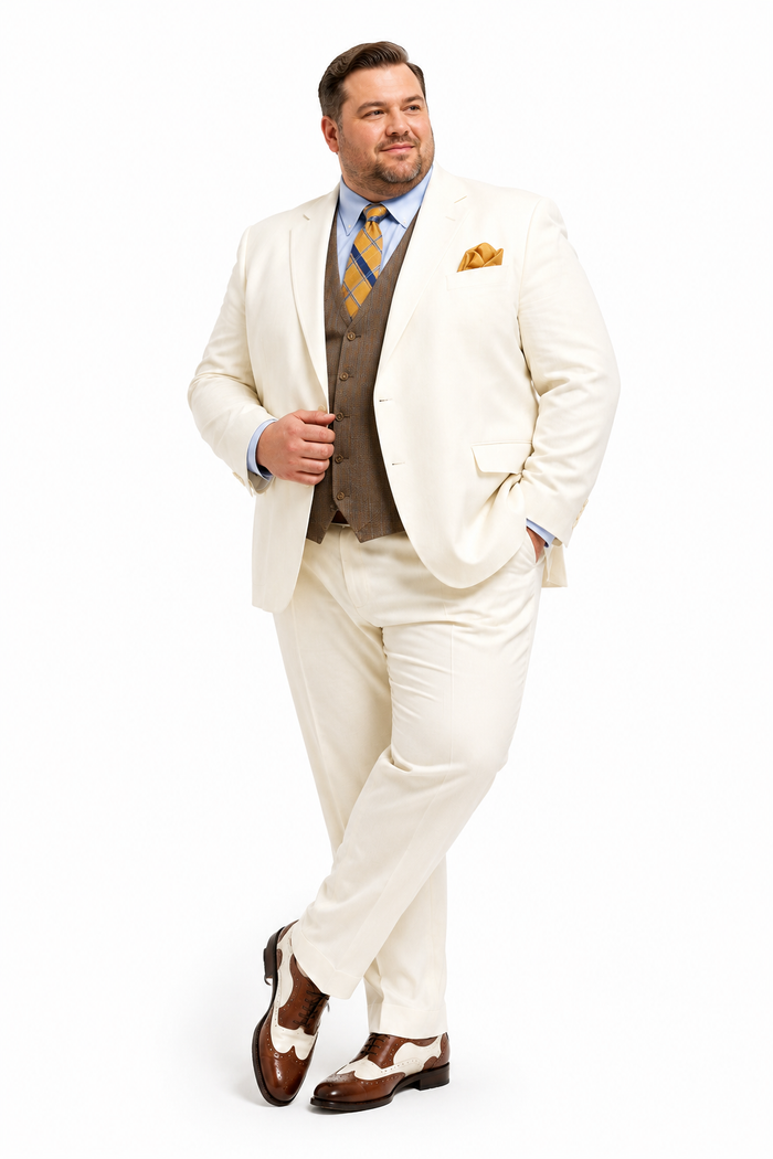 Men’s Ivory Great Gatsby Vested Suit with Brown Vest, 2 Button Off White Peak Lapel Wedding Suit