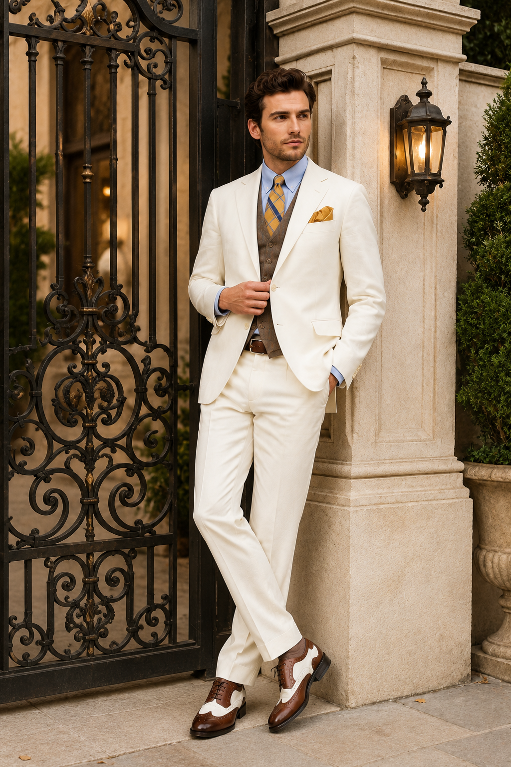 Men’s Ivory Great Gatsby Vested Suit with Brown Vest, 2 Button Off White Peak Lapel Wedding Suit