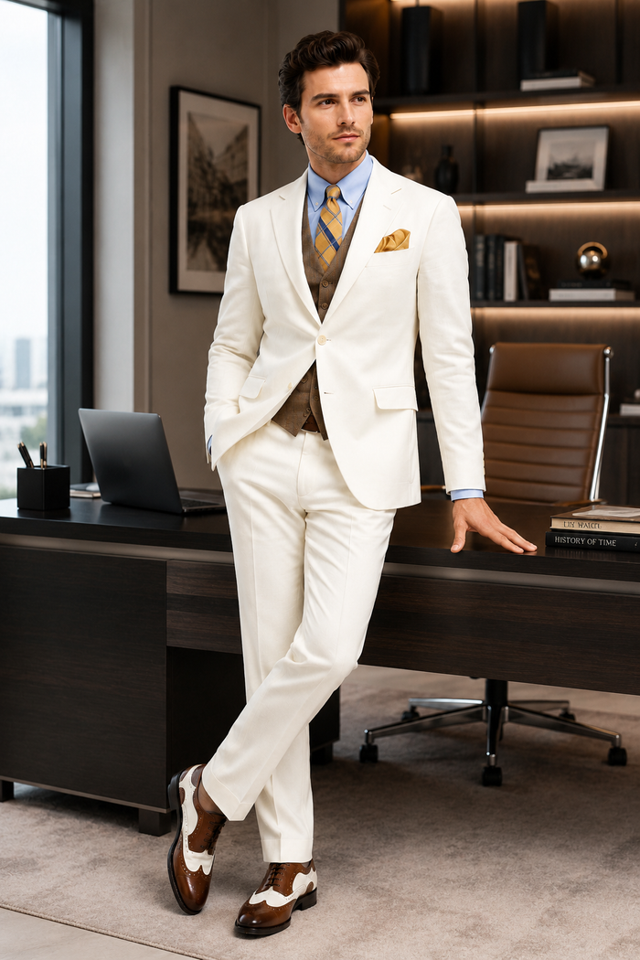 Men’s Ivory Great Gatsby Vested Suit with Brown Vest, 2 Button Off White Peak Lapel Wedding Suit