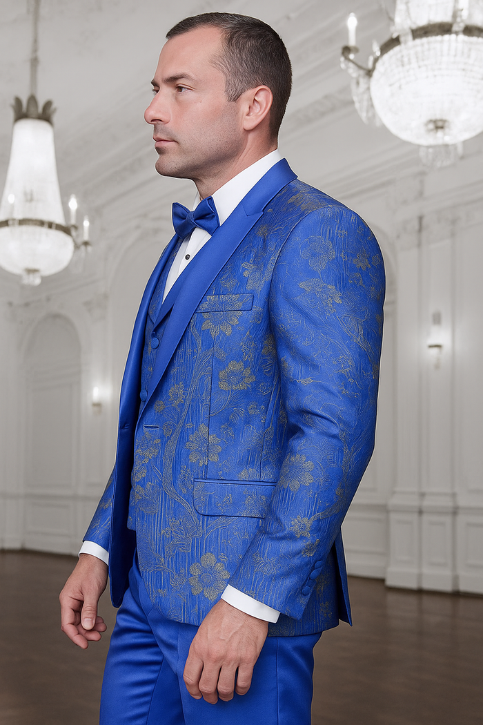 Men's royal blue paisley lace print tuxedo with double breasted vest â€“ prom & wedding suit