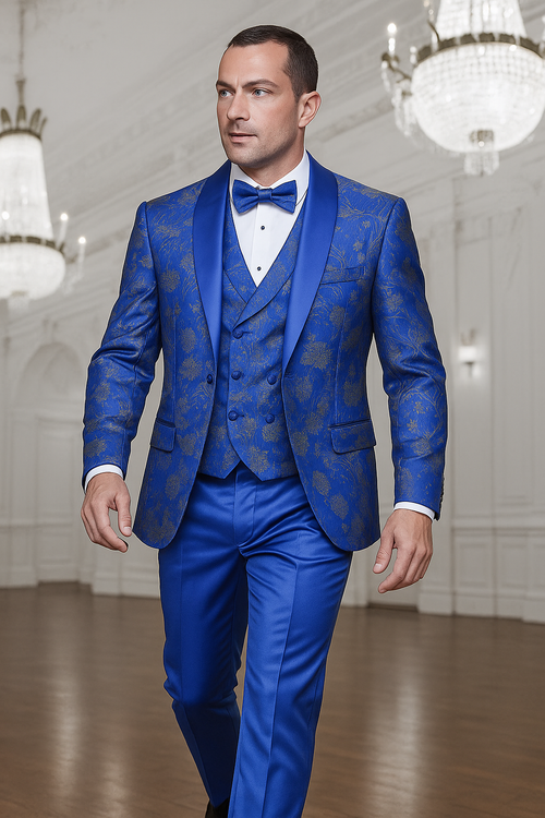 Men's royal blue paisley lace print tuxedo with double breasted vest â€“ prom & wedding suit