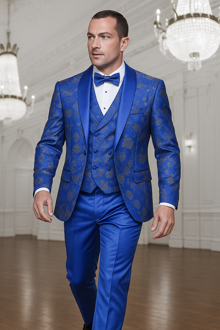 Men's royal blue paisley lace print tuxedo with double breasted vest â€“ prom & wedding suit