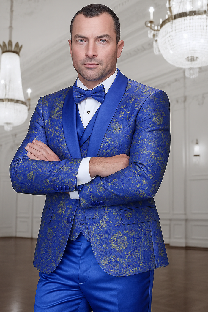Men's royal blue paisley lace print tuxedo with double breasted vest â€“ prom & wedding suit