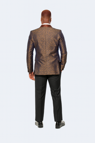Mens Brown Paisley Tuxedo with Brown Satin Lapel and Black Pants Formal Wedding Suit with Chain Brooch-New Designer Collection