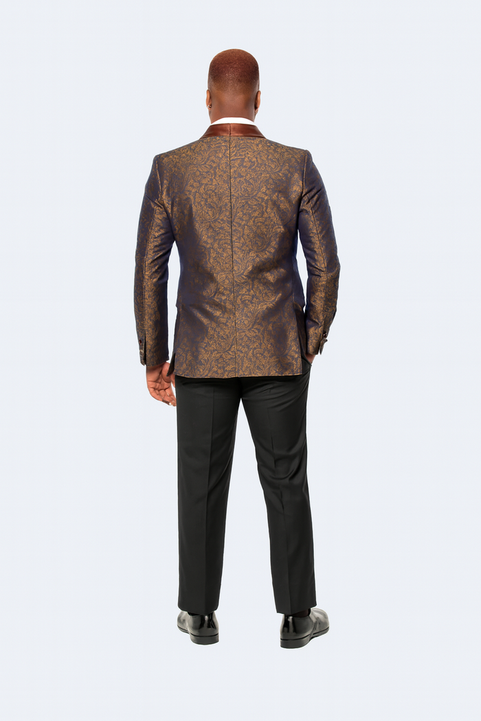 Mens Brown Paisley Tuxedo with Brown Satin Lapel and Black Pants Formal Wedding Suit with Chain Brooch-New Designer Collection