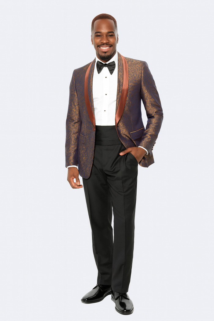 Mens Brown Paisley Tuxedo with Brown Satin Lapel and Black Pants Formal Wedding Suit with Chain Brooch-New Designer Collection
